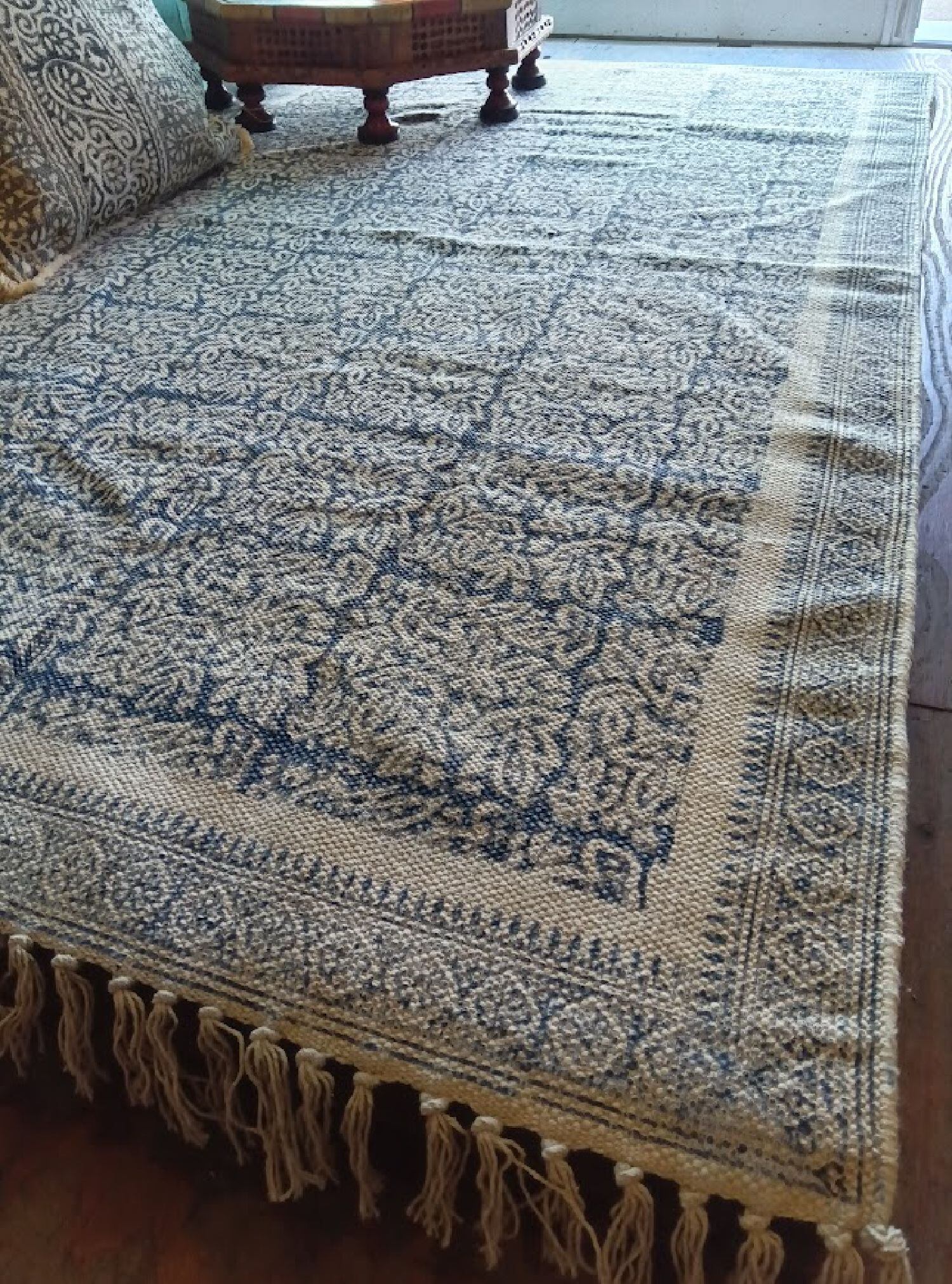 インド綿 ラグ マット 90×150 ブロックプリント 木版染め モノトーン