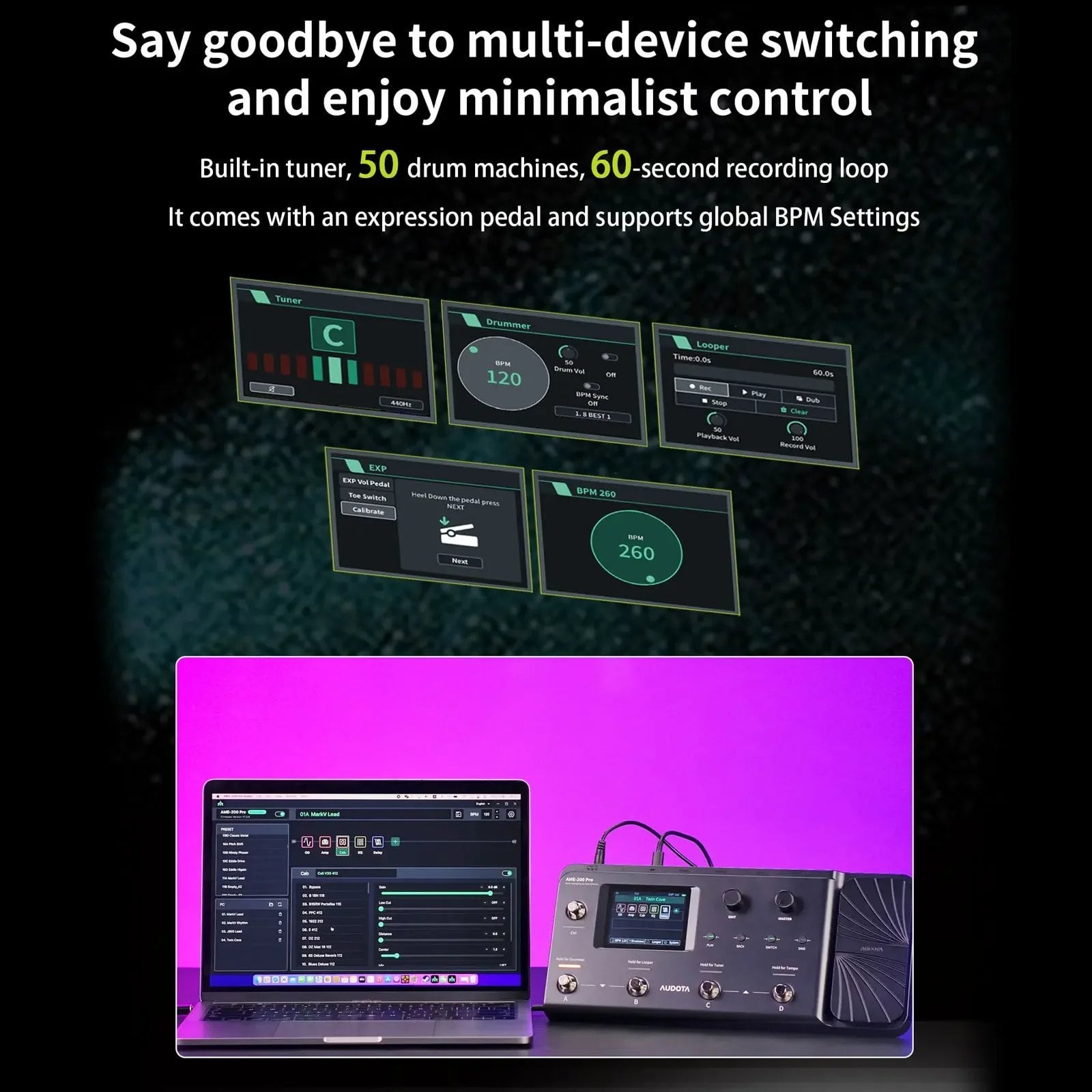 Audota Ame-200 Proアンプモデラー200プリセット10エフェクトペダル