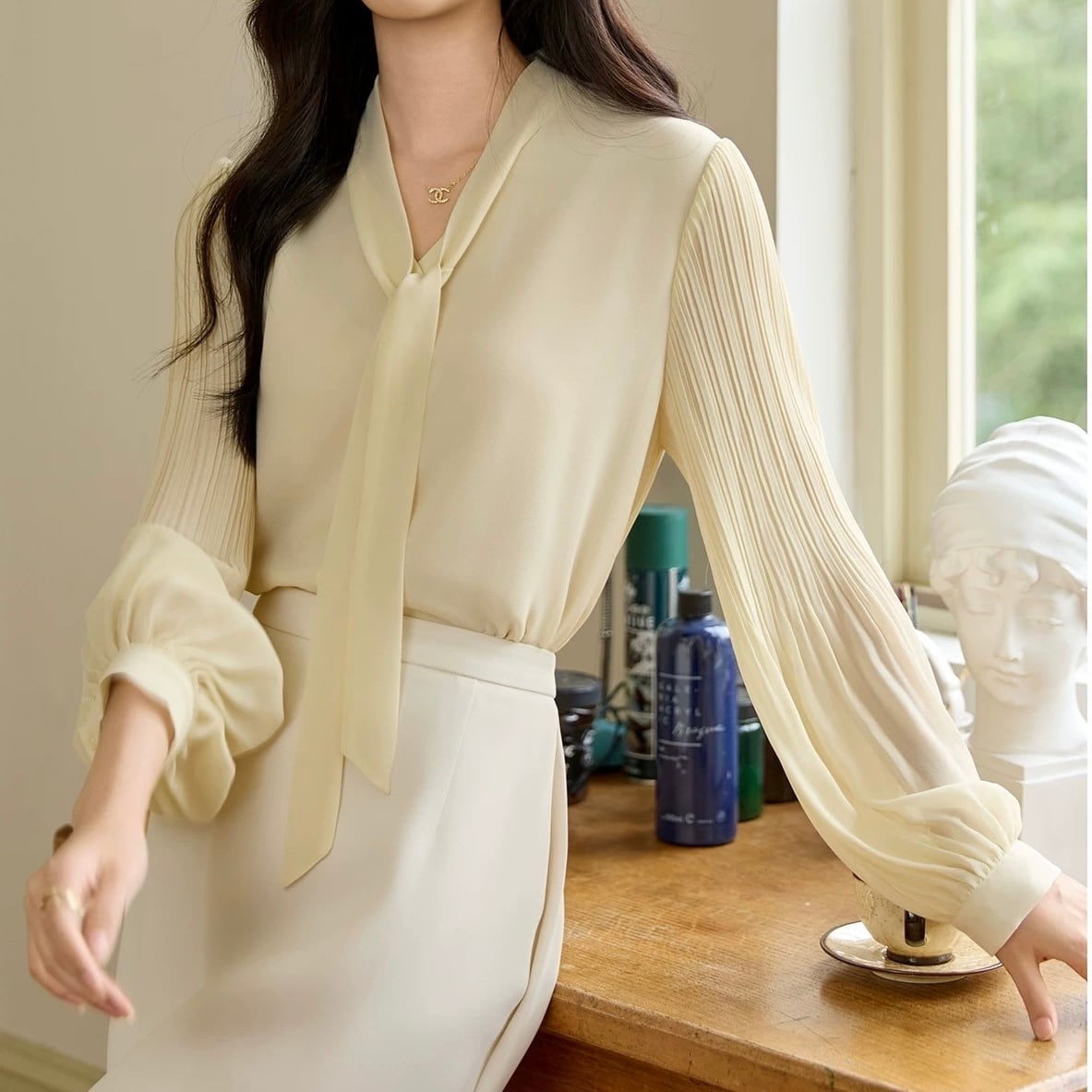 プリーツスリーブ リボンタイブラウス ◆2col YH9510