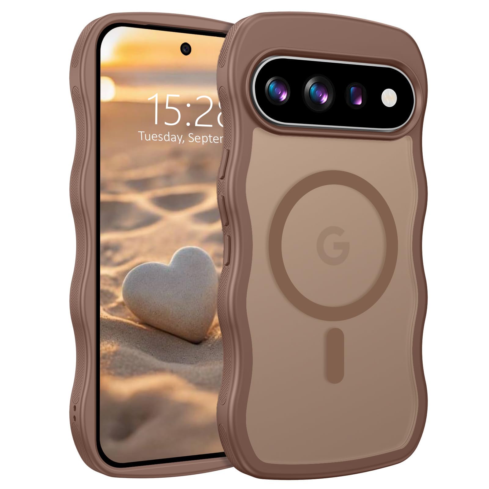 AVETUL Google Pixel 11 ケース Google Pixel 11 pro ケース MagSafe対応 ウェーブ ワイヤレス充電対応 マット 韓国 うねうね おしゃれ マグネット搭載 超強磁力 滑り止め 米軍MIL規格耐衝撃 かわいい グーグルピクセル11/11 プロ 半透明ハード カバー (ブラウン)