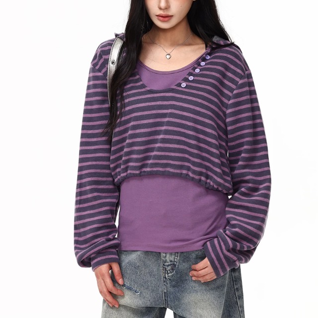 layered-look long tee with a hood　レイヤードフード付きロンティー　J2151