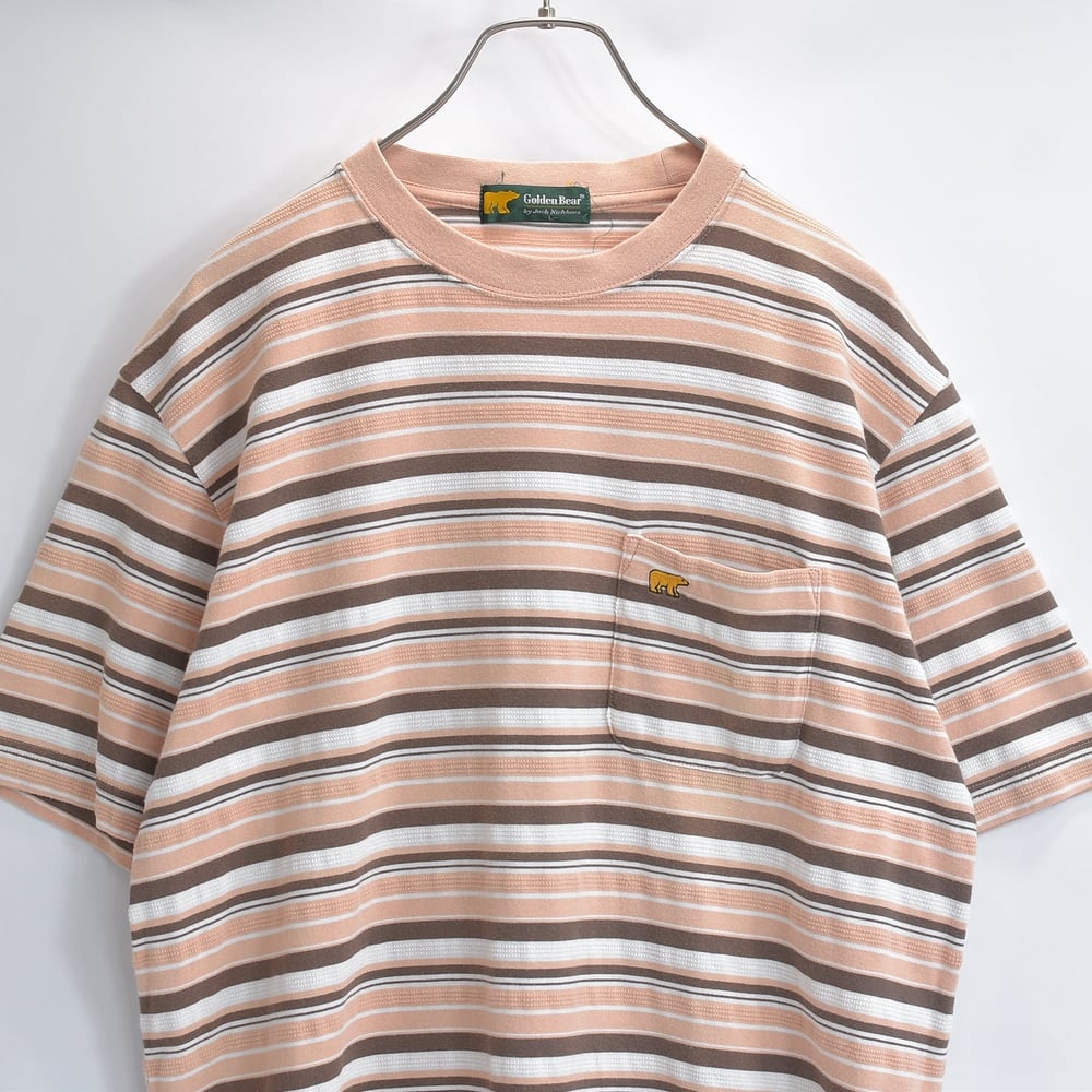 90s Golden Bear ゴールデンベア 半袖 Tシャツ 胸ポケット ポケT 鹿の子 ワンポイント 刺繍 マルチボーダー ジャックニクラウス ベージュ USED ヴィンテージ ビンテージ 古着 メンズ Lサイズ