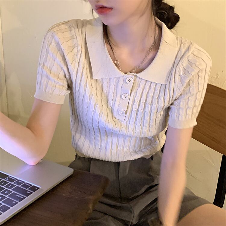 スタンダードカラー半袖スリーブニットセーター サマースリムトップス ショート レトロ ハーフスリーブ 夏物 モンロー76514353592