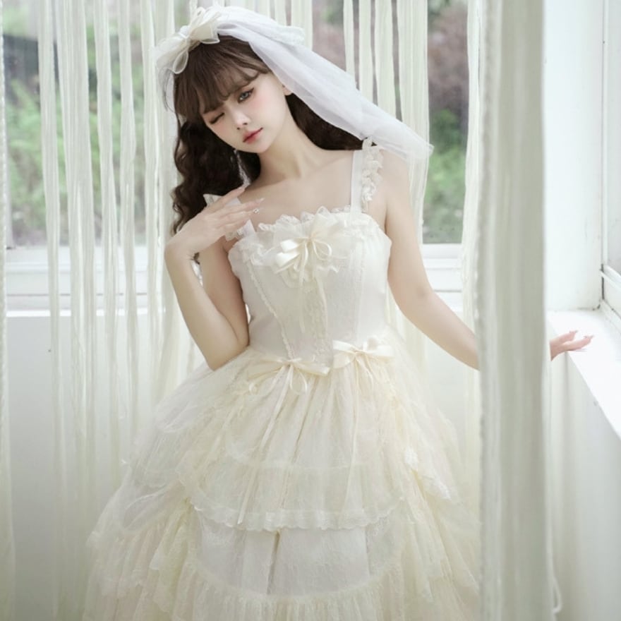 ホワイトロリータOPドレスゴシックフリルボウクロス長袖ロリータ