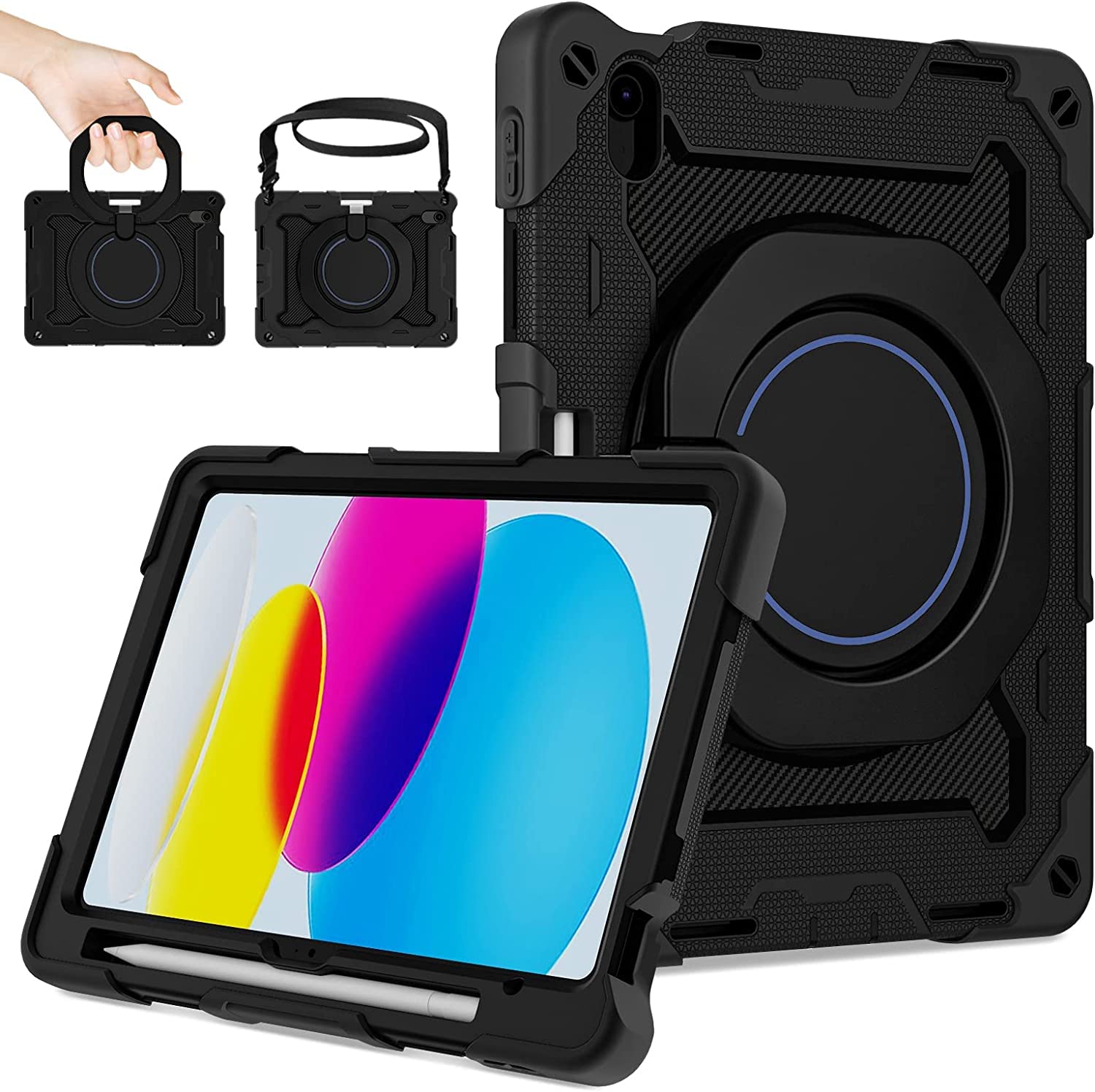 緃置き iPad(A16) 11インチ 第11世代/iPad 10世代 ケース 耐衝撃 肩ショルダー付き 360°回転 スタンド ペン 収納 シリコン ハード 防塵 かわいい アイパッド10 11カバー キッズ 子供, ブラック