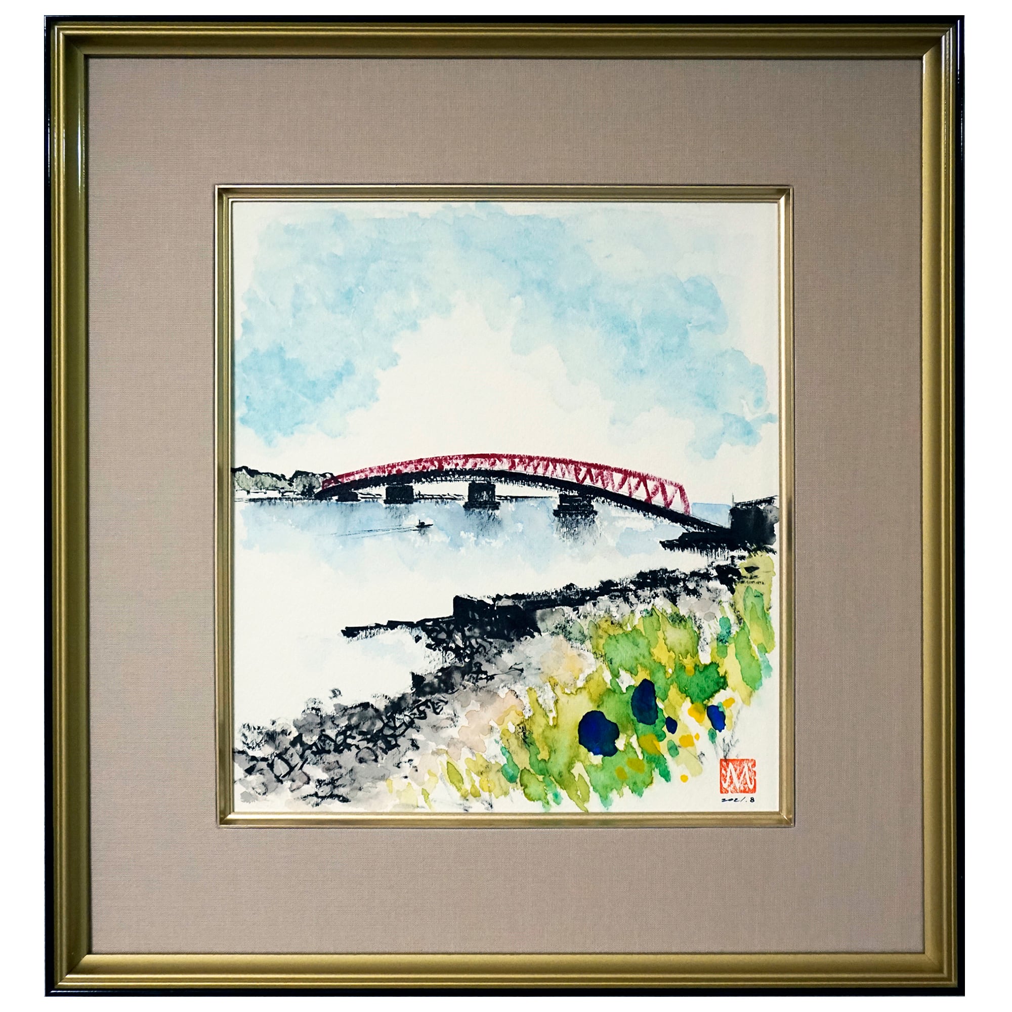 【真作】絵画　油彩8号　太鼓橋の見える庭園　力強い筆致の風景画　W100 絵画【夏の厚岸大橋】 | Switch On ～すいっちおん～