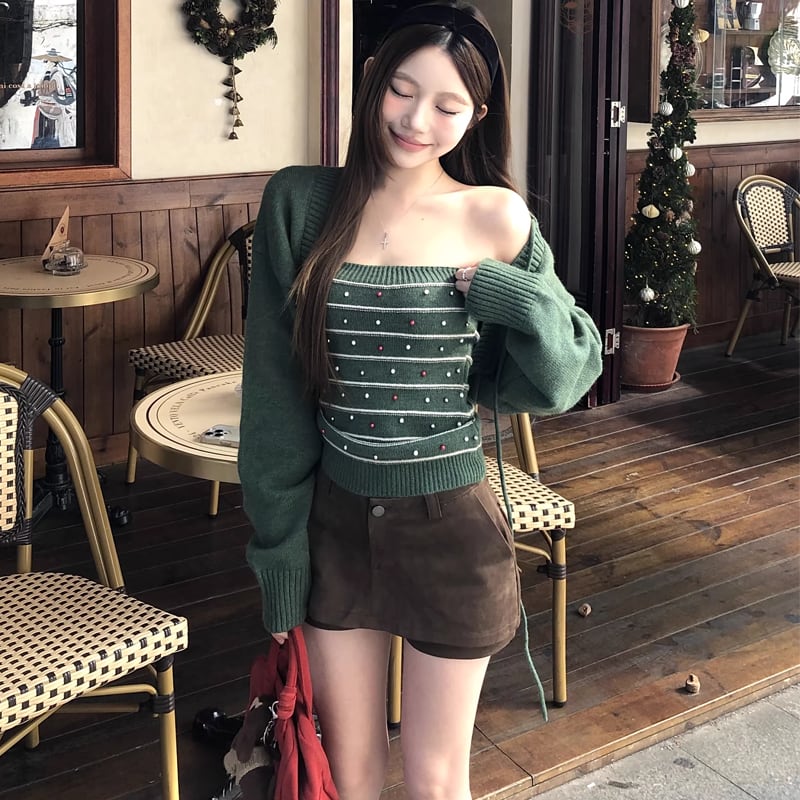 【set】チューブニットトップス×ニットカーディガンセット Q7939