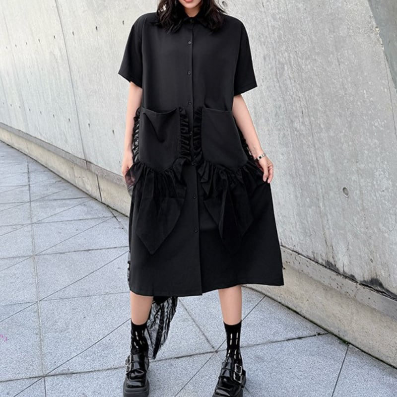 フリル パッチポケット ミモレ丈 半袖 シャツワンピース 1color ON1036