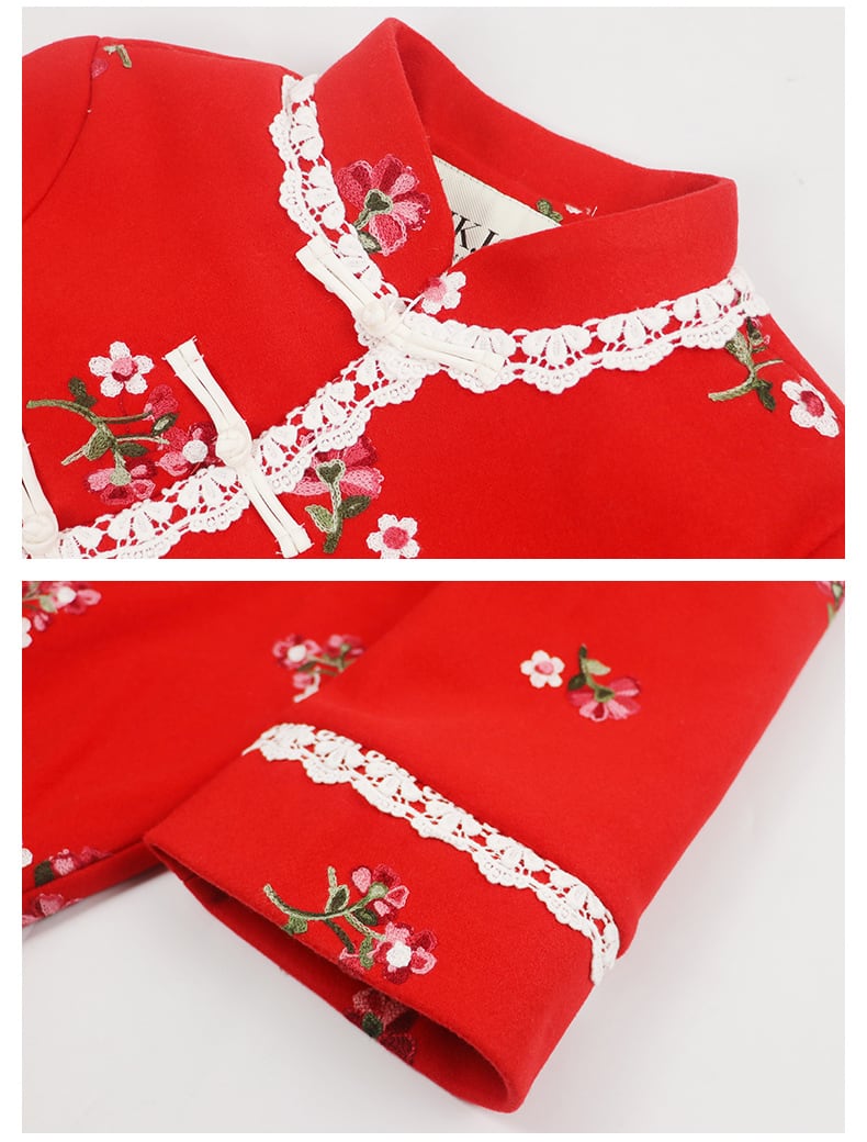 コート チャイナ風 小花柄 刺繍 ショート丈 チャイナ襟 赤 秋冬 コート チャイナ風 小花柄 刺繍 ショート丈 チャイナ襟 赤 秋冬
