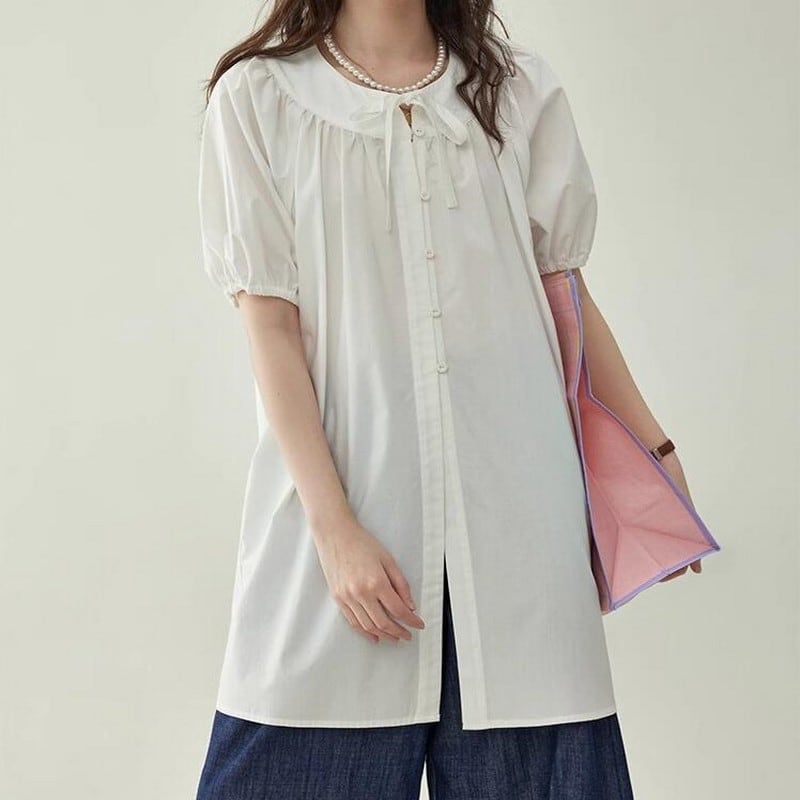 リボンネックレーススリーブシャツ M0524