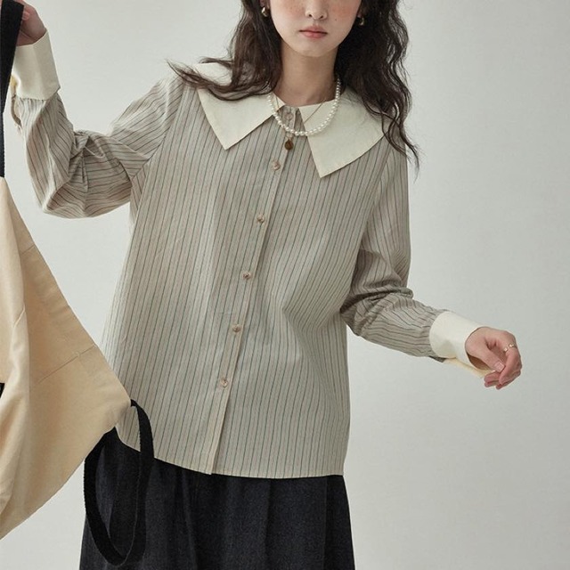 contrast large collar striped shirt