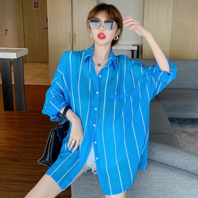 ブルーシャツ サマースタイルストライプ薄手ルーズトップス ロング 夏物 YY-ファッション24768678664