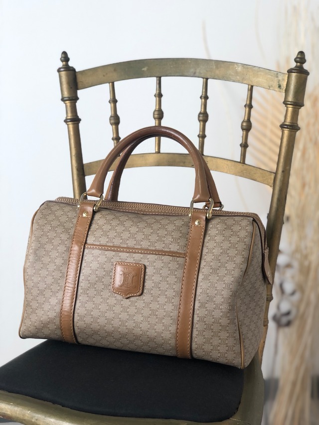 CELINE セリーヌ マカダム ハンドバッグ ベージュ ブラゾン型押し PVCレザー ミニボストン vintage ヴィンテージ オールド df2vmw