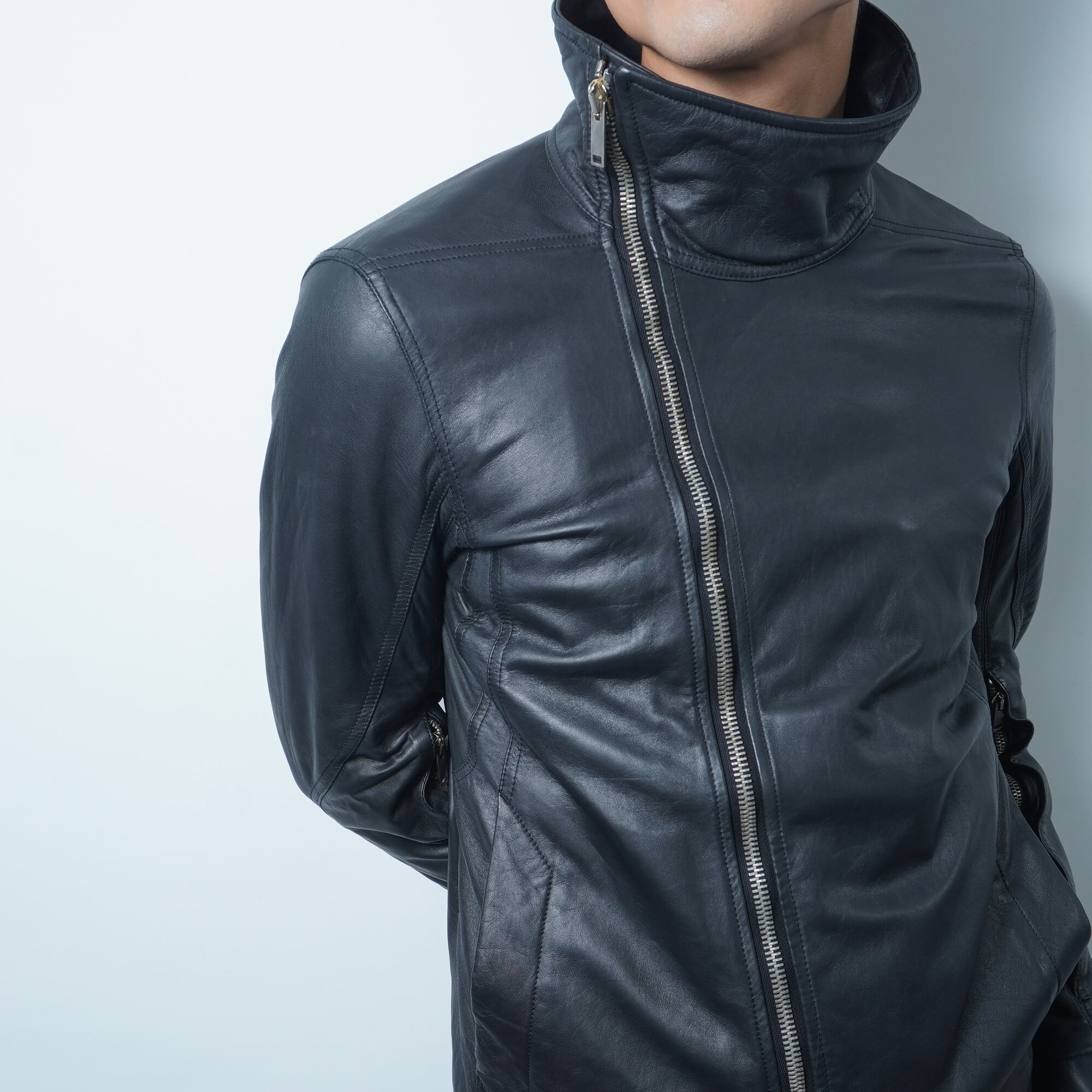Rick Owens】リックオウエンス 15ss ラムレザー斜めジップハイネック