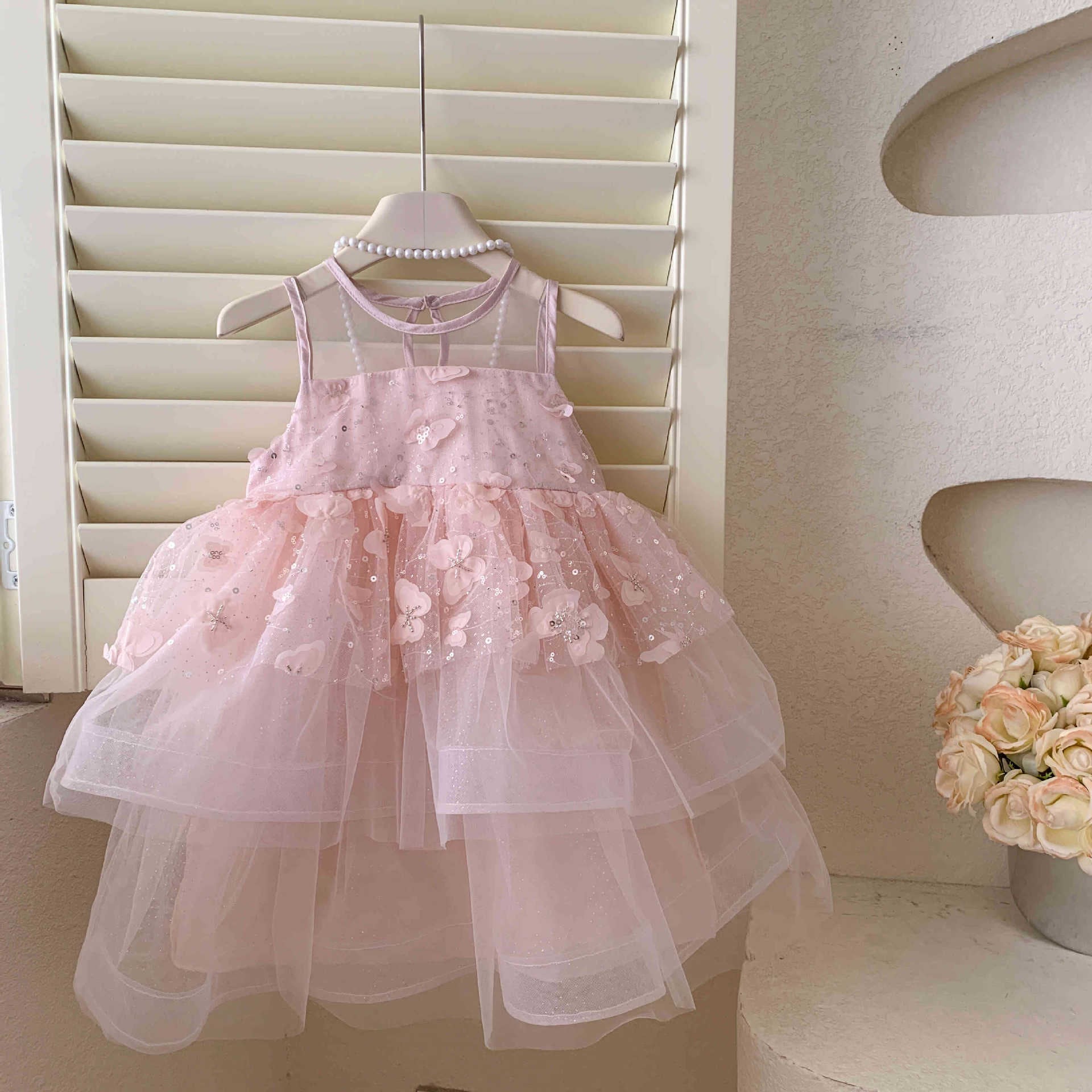 【予約販売】90-140cm 妖精が舞い降りたみたい✨ 立体バタフライとお花のロマンチックチュールドレス