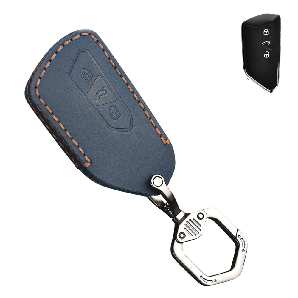 キーケース フォルクスワーゲン 用 スマートキーケース キーカバー 3ボタン 本革 レザー フォルクスワーゲン 専用設計 新型 Golf 8 Mk8 2020 Skoda For SEAT LEON2020 等に適用 キーホルダー (ブルー)