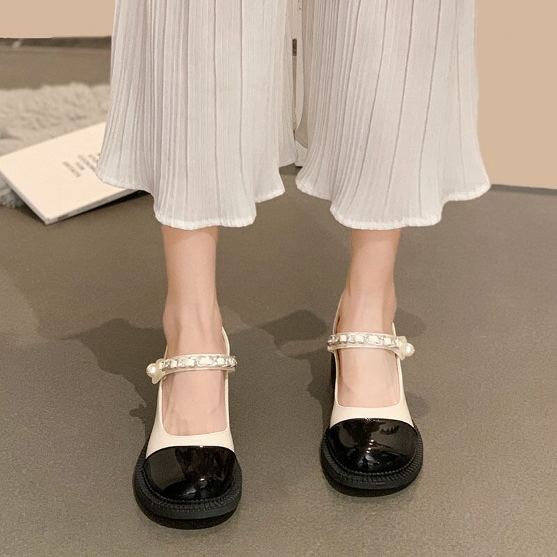 シングルサマーパールチェーン レッド 靴 シューズ 夏物 真珠 フェイクシューズ42212823762