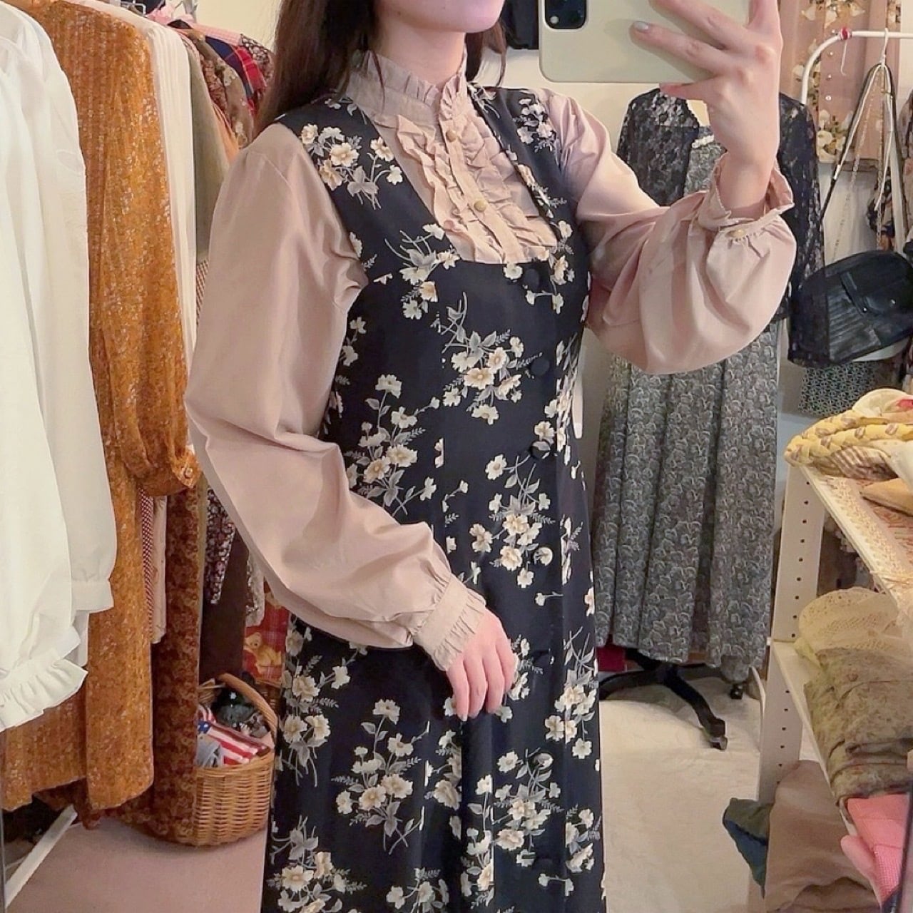 black flower front button jumper skirt