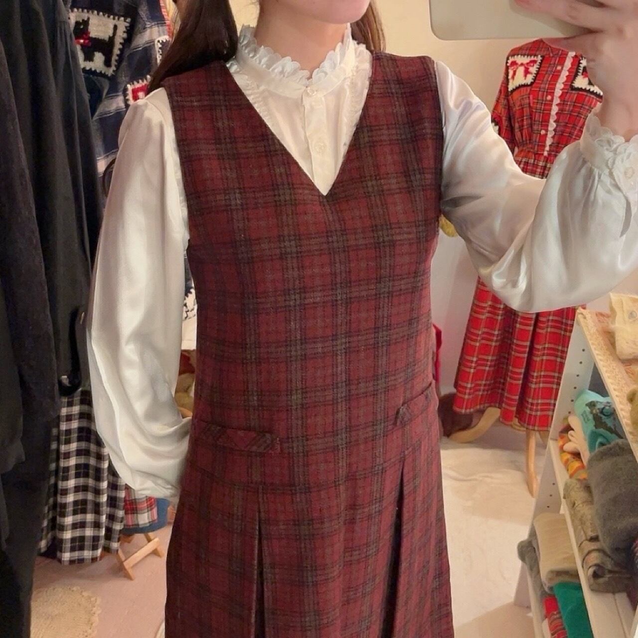 red check back button jumper skirt