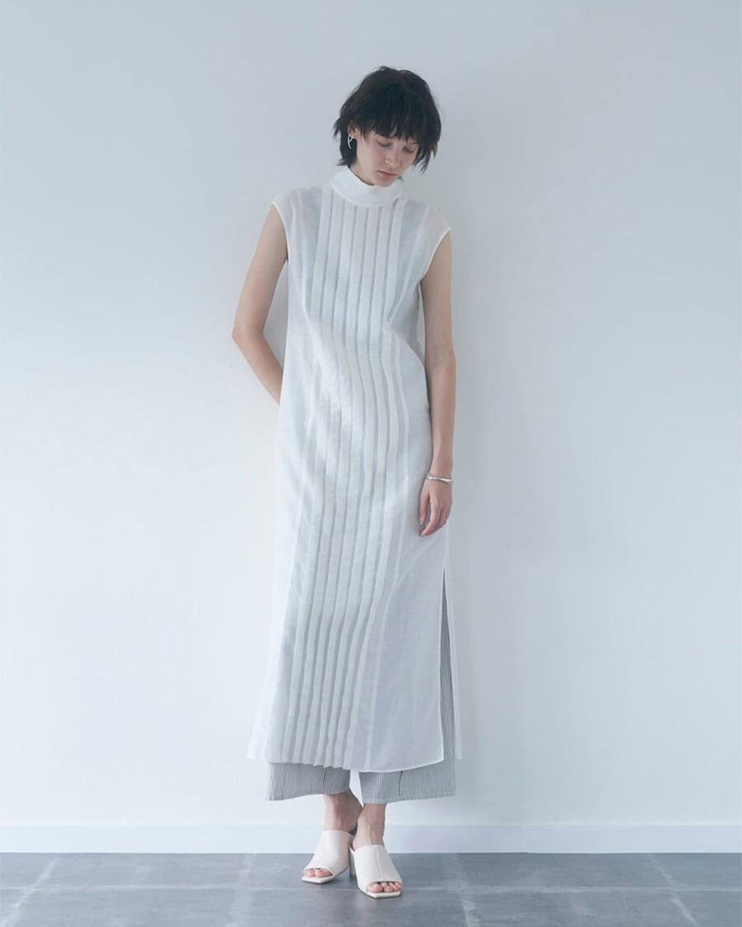 High neck Front tuck Dress (White)