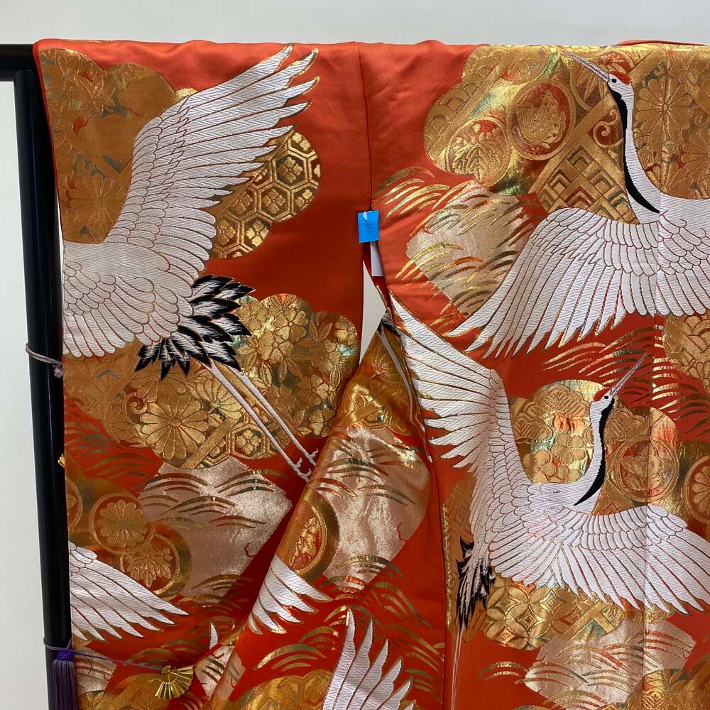 色打掛 正絹 鶴 刺繍 金 オレンジ 打掛 花嫁衣裳 婚礼 リサイクル 中古  
