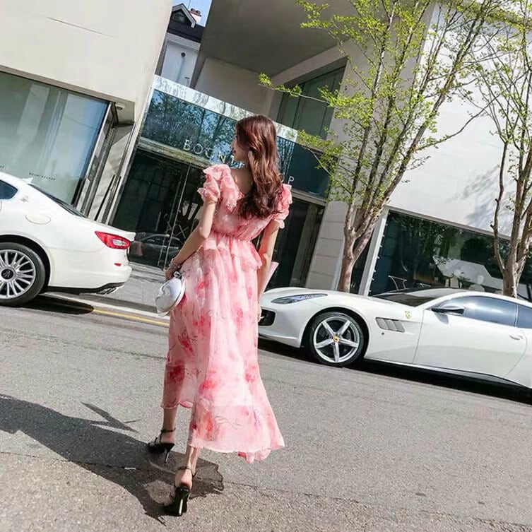 花柄シフォンフリルロングワンピース ピンク | LILIANA