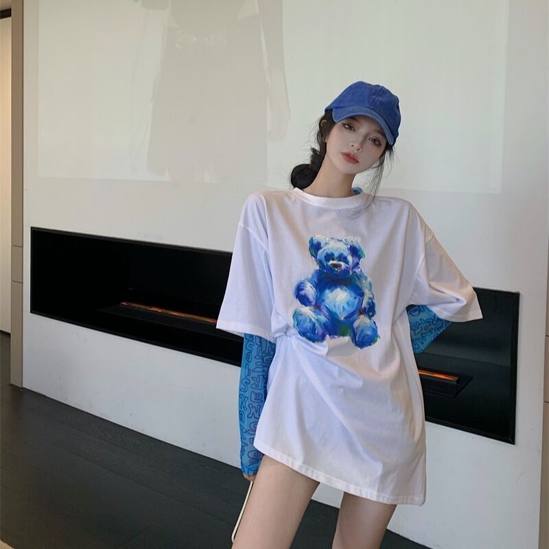 Tシャツ シャツ スリムプリントブルー薄手サマートップス ロング 夏物 ブラックストロベリース90263359510