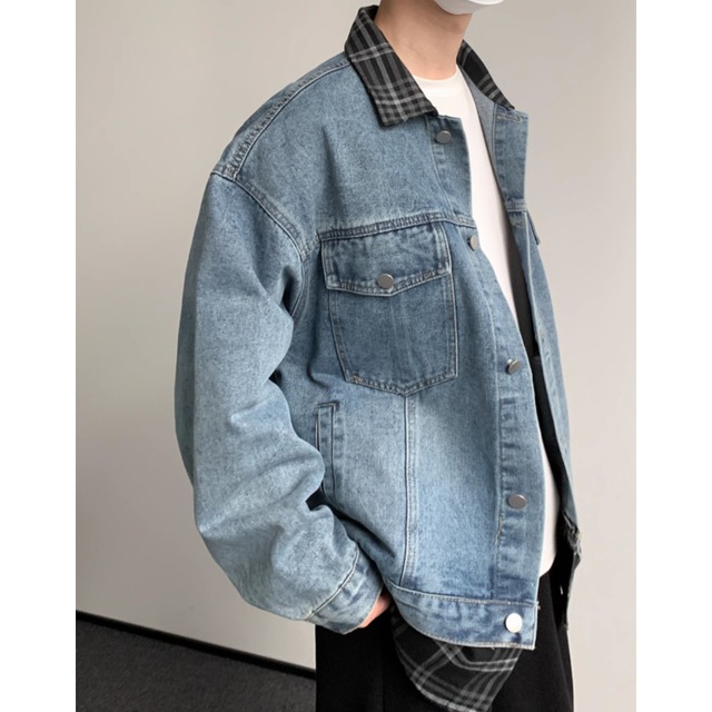 checked lined oversized denim jacket mr0554
