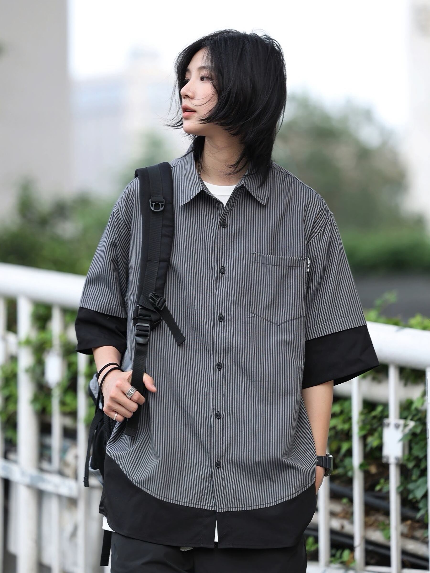 レトロストライプパッチワークシャツ / Retro Striped Patchwork Shirt