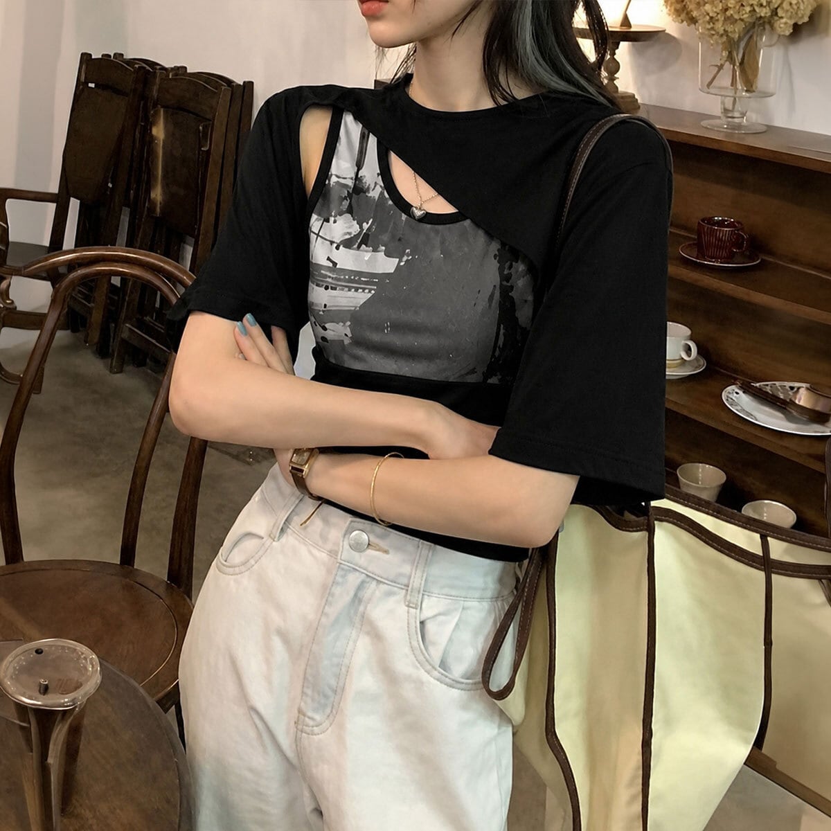 カットアウト Tシャツ レディース 夏 タンクトップ 2点セット