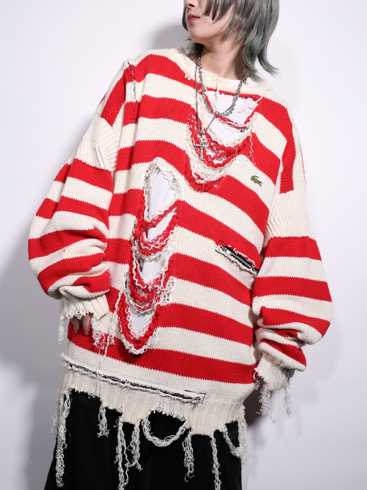 REMAKE / clash bolo × zip XXL over silhouette border knit - 2