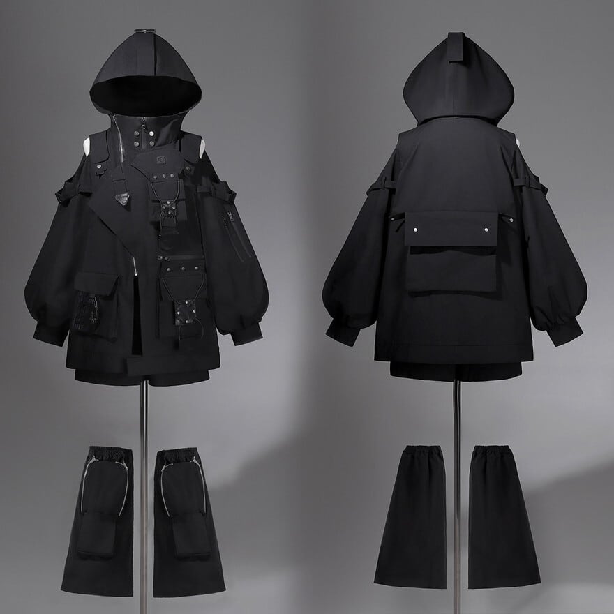 サイバーパンク フード付き多機能セットアップ 3点構成 ブラック ユニ