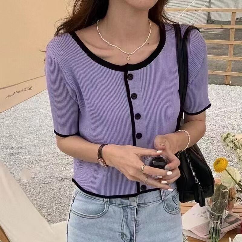 パイピングバイカラー　5部袖カーディガン　AJ2541-027