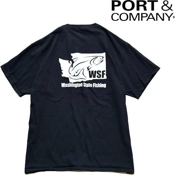 1点物◇PORT釣りWSF黒バックプリントTシャツ古着メンズXLレディースOK