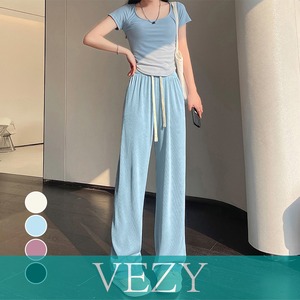 セミワイドパンツ ハイウエスト 韓国 ロングパンツ ウエストゴム サマーパンツ カジュアル 通勤通学 ストレートパンツ 着やせ ボトムス VEZY ベジー ItemNo.【19361629】