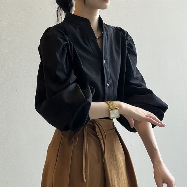 【スタンドカラープリーツパフスリーブシャツ】P00175