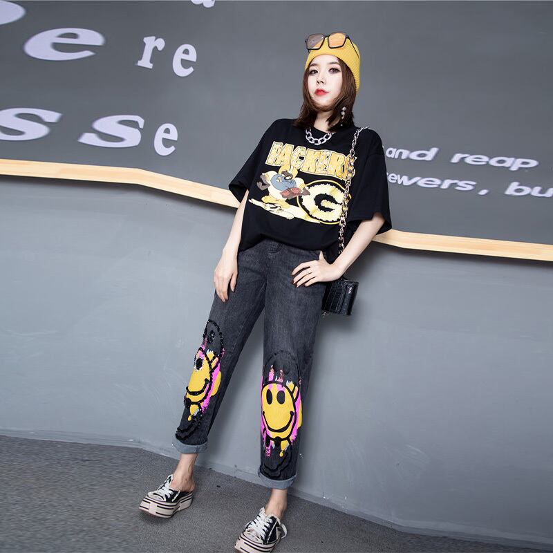 プラスサイズの女性の2020年の新しい秋のTシャツのスパンコールの文字は薄く、腹脂肪mmジーンズをカバーしています ミックスインファッション82194844500