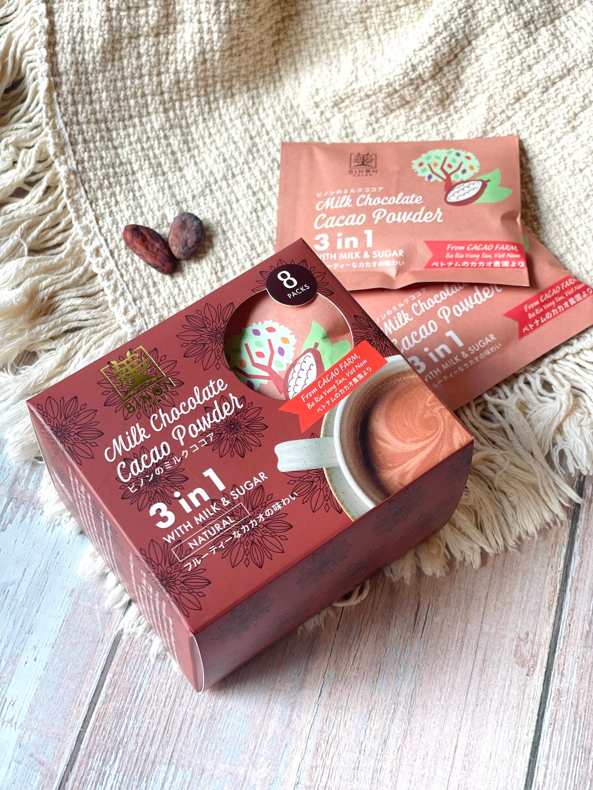 ビノンのミルクココア  チョコレートドリンク ／ 本格的なカカオパウダーが、ミルク砂糖入りで個包装になりました。