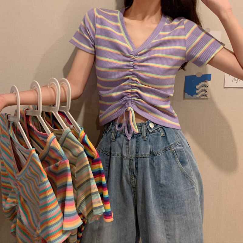 ショートギャザートップス サマーTシャツ 薄手Vネックストライプ 半袖 ハーフスリーブ 夏物 1号婦人61709050999