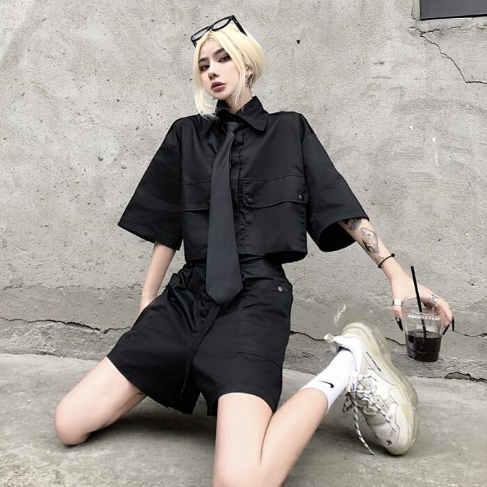 ダークサマールーズスタイルシャツ ハイウェストウェストカジュアルパンツ ストリート 夏物 ケッペル95496398498