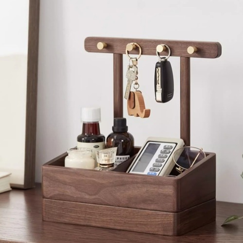 多機能収納ラック 木製 キーハンガー付き 小物入れ デスクオーガナイザー 卓上収納 インテリア雑貨 おしゃれ