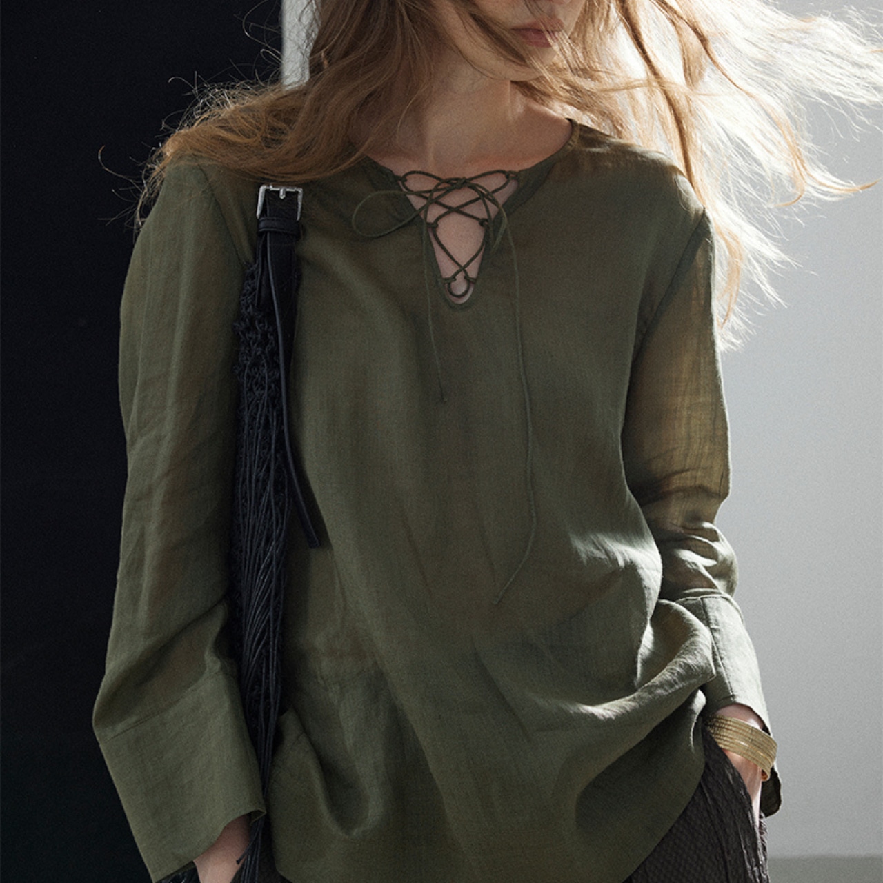 V-Neck Front Lace-Up Blouse T3523