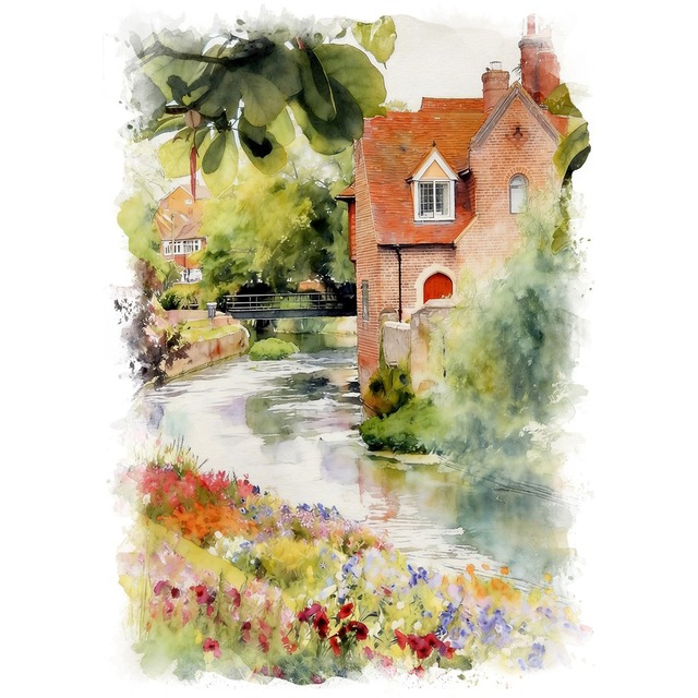 絵画 イギリス 風景画(街並み)  カンタベリーウエストゲート・ガーデンズ インテリアアート額付き 水彩画・油絵調 WAT0432
