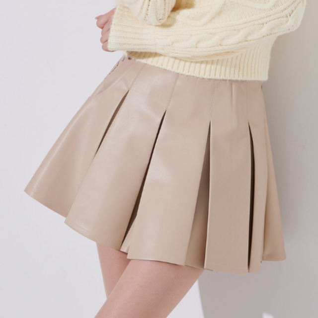 Wide Pleats Leather Skirt（Beige）