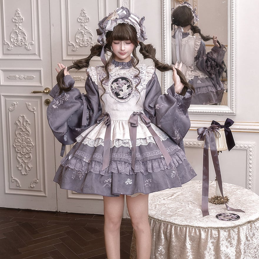 丸窓 刺繍 エプロン風 和ゴシック 中華風メイド服 ベスト 花柄