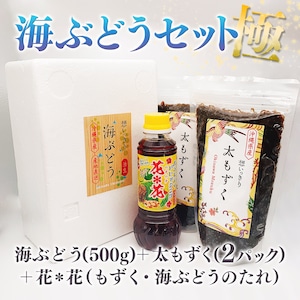 朝採れ生海ぶどう(500g)＋太もずく(2パック)＋花＊花ドレッシング(もずく・海ぶどうのたれセット)