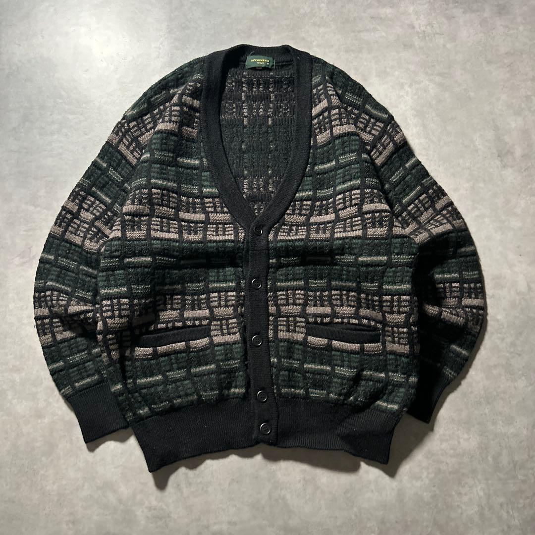 ヴィンテージ ケーブル マルチカラー 幾何学 模様 グリーン ニットカーディガン