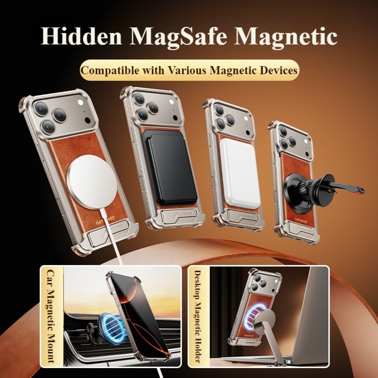 ◆iPhone 17/Pro/Pro Max◆ Genuine Leather Aluminum Kickstand Frameless Phone Case / 本革 アルミニウム スタンド フレームレス スマホケース