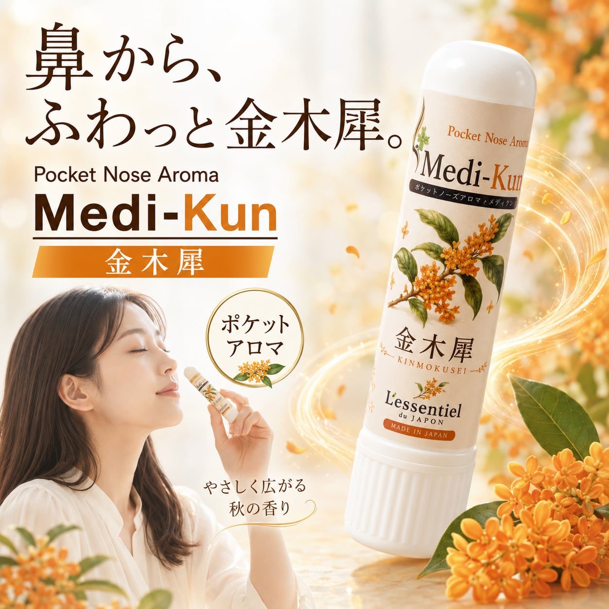 【嗅ぐアロマ メディクン】金木犀(キンモクセイ)|甘く華やかな秋の香り オスマンサス ポータブルアロマ ノーズアロマ ヤードム 気分転換 リラックス 携帯用 日本製 秋 香り ギフト プレゼント