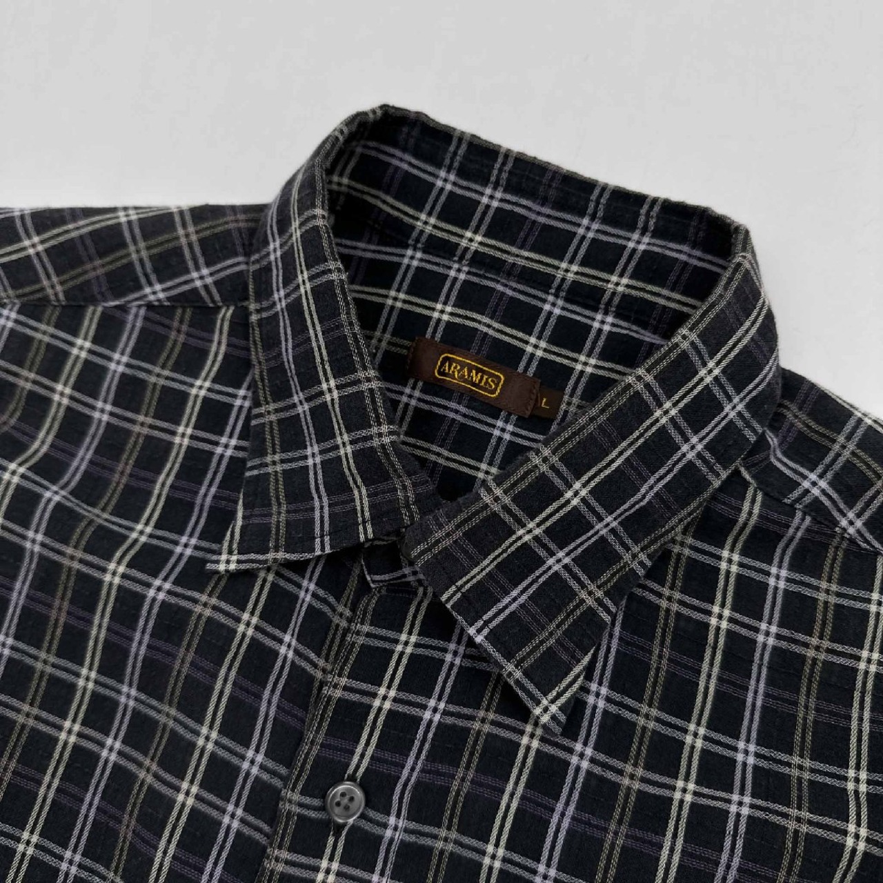 ARAMIS アラミス チェック柄 半袖シャツ コットン Lサイズ/ダークグレー 系/メンズ 紳士 日本製 シワ加工